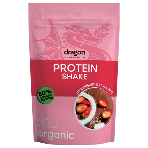 Protein shake jordbær og kokos Økologisk - 450 Gram - Dragon Superfoods