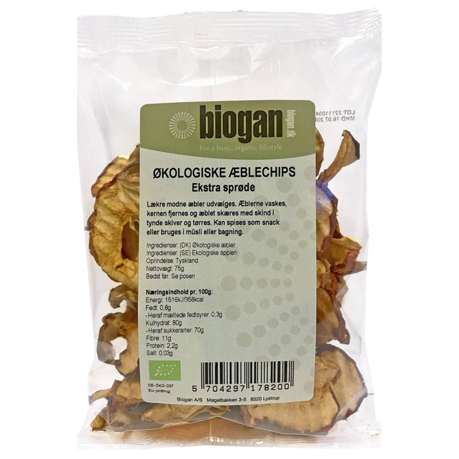 Æblechips Økologisk - 75 gr - Biogan