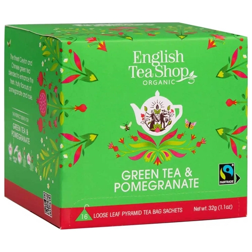 Green Tea & Pomegranate Tea Økologisk - 16 pyramideposer - English Tea Shop - Mindst holdbar til : 04-07-2027