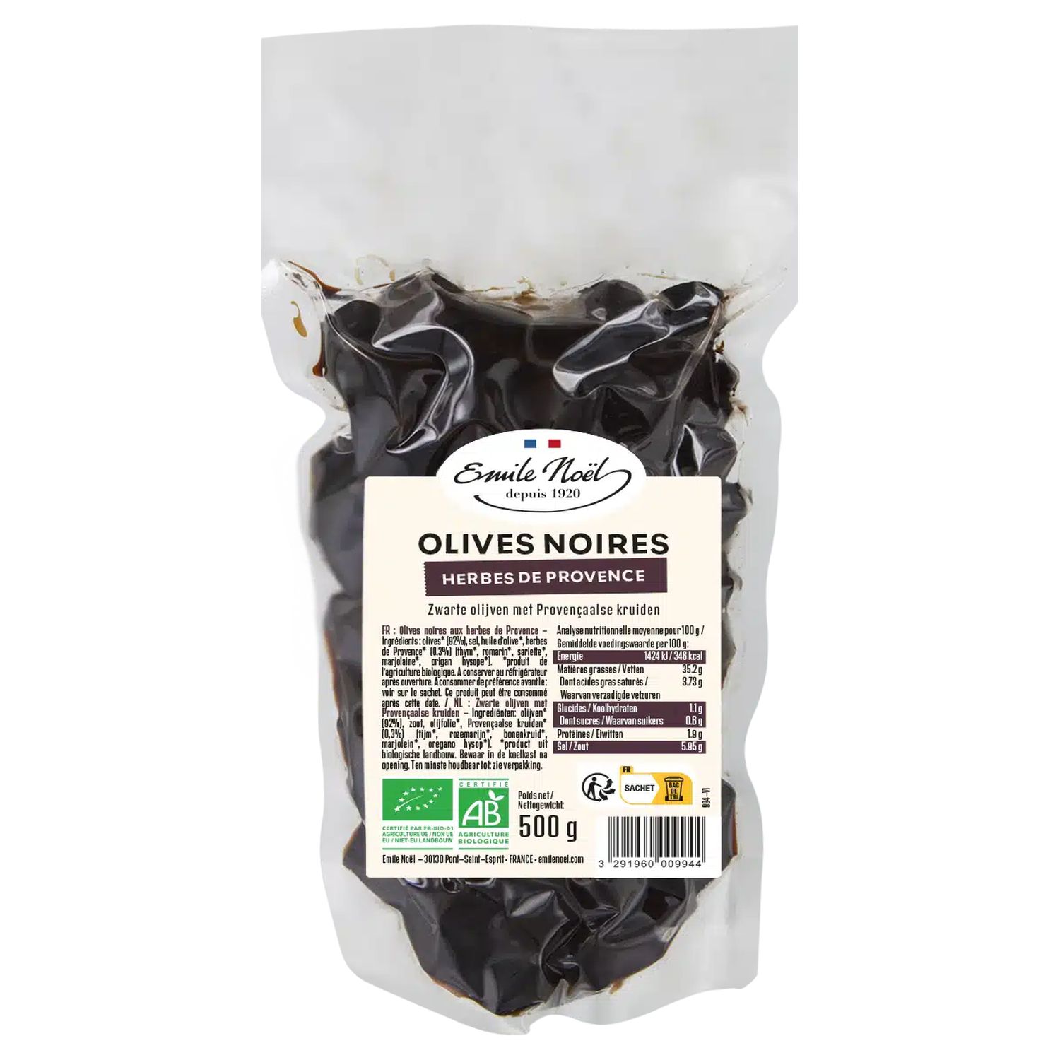 Sorte Oliven med Provence Urter Økologisk - 500 gram - Emile Noël