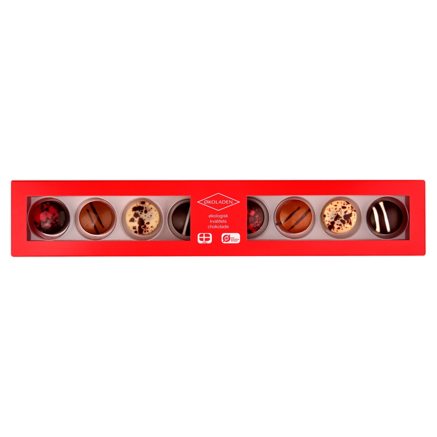 Fyldt Dessertchokolade Rød Kollektion Økologisk 8 stk - 65 gram - Økoladen