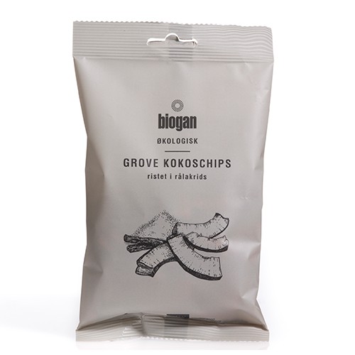 Se Kokoschips ristet i rålakrids Økologisk grove - 80 gram - Biogan - Mindst holdbar til : 01-06-2024 hos Økologisk-Supermarked