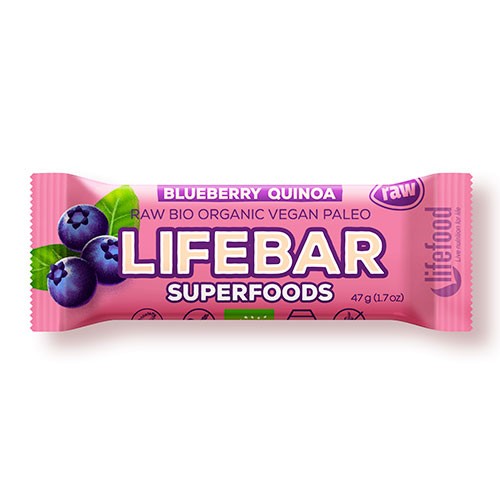 LifeBar Blåbær Quinoa RAW Økologisk - 47 gram - Lifefood