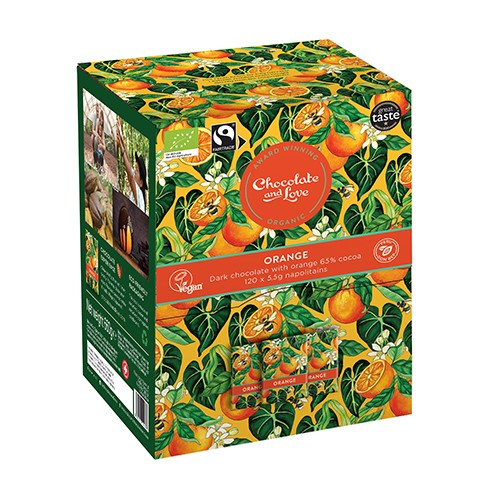 Billede af Orange Dispenser box, 120 x 5.5g chokolader. Økologisk Mørk chokolade - 660 gram - Chocolate and Love