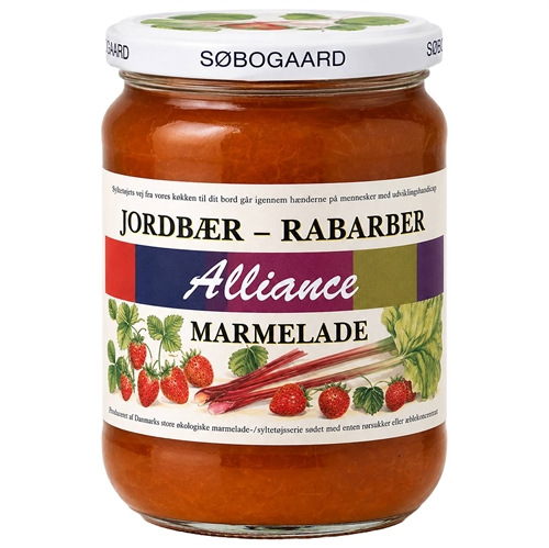 Jordbær, Rabarbermarmelade Økologisk - 400 gram - Søbogaard